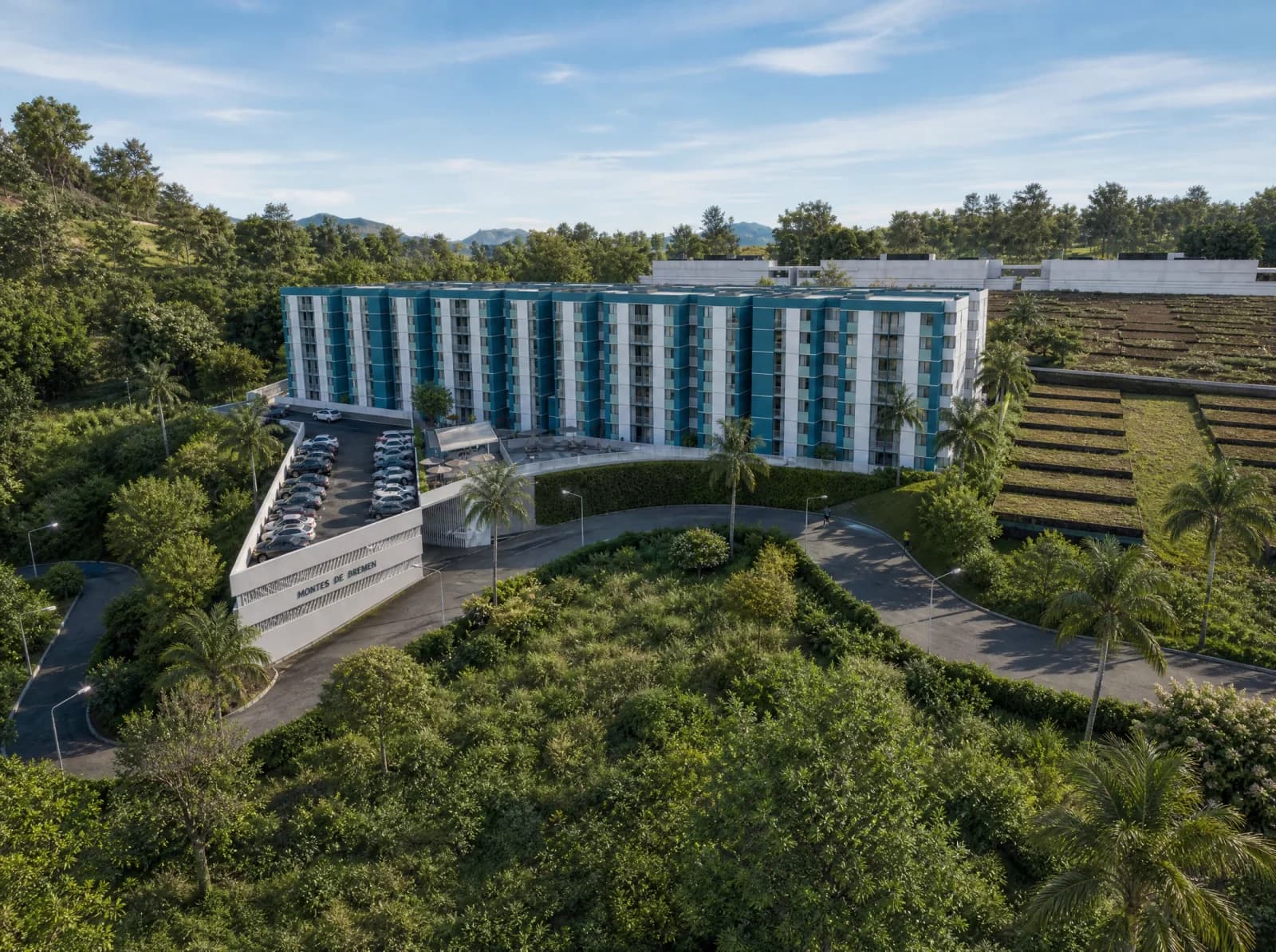 Rendering of the Montes de Bremen residential development among gardens and trees in Circasia