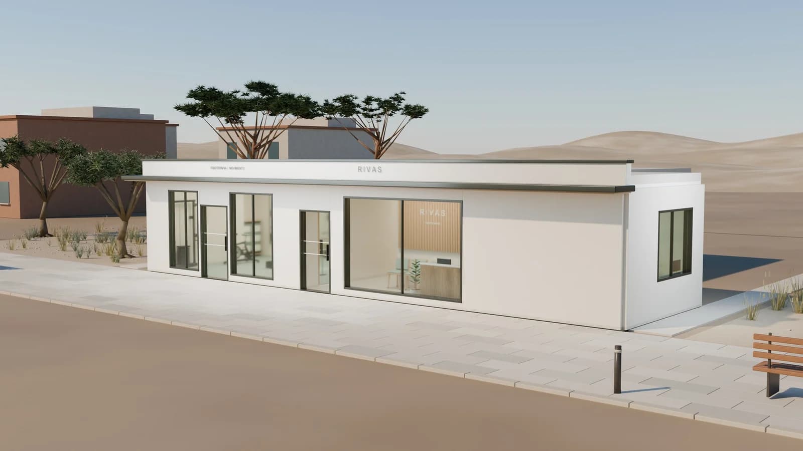 Architectural rendering of the Rivas B2 clinic proposal, with an illustrative setting inspired by Madrid