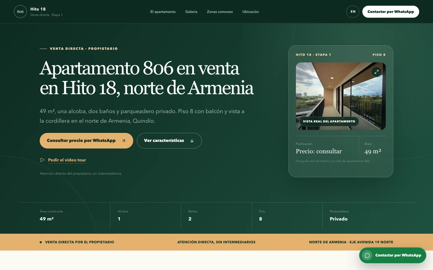 Actual desktop screenshot of the Hito 18 apartment website